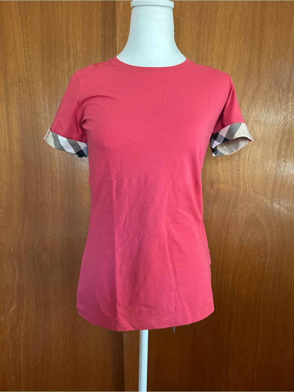 NWT! Burberry Woman's Cotton T-shirt Check Short Sleeve In Bright Rose Size S
